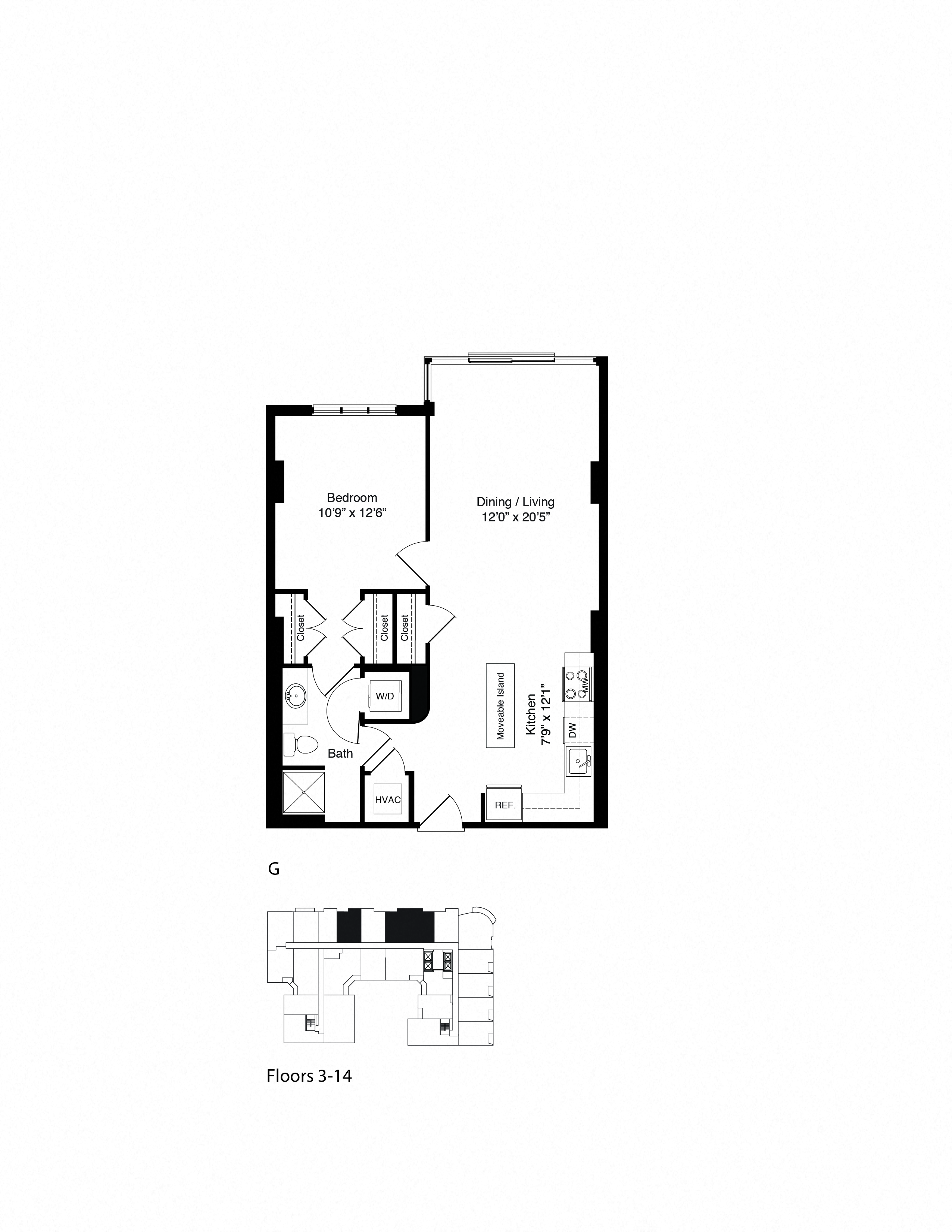 Floor plan for 1 bed, 1 bath, 759 sqft